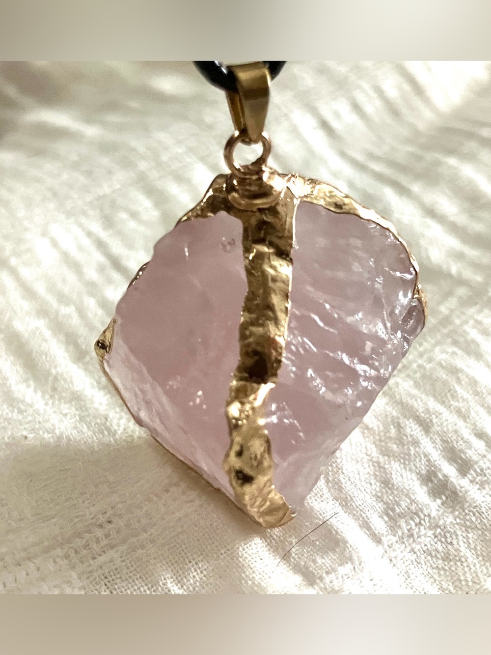 Raw Lavender Rose Quartz Pendant Necklace – Gold Tone Electroplated Edge